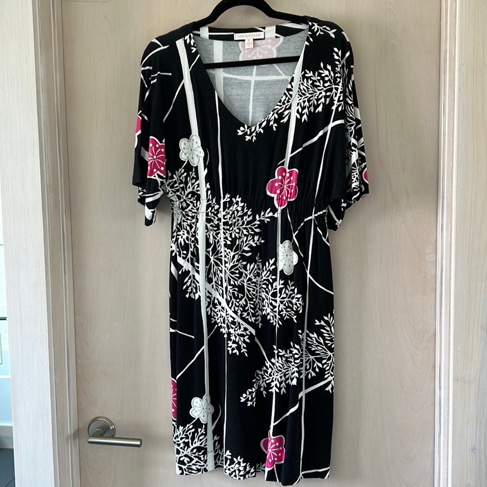 Tori Richard Black and Pink Floral Midi Dress